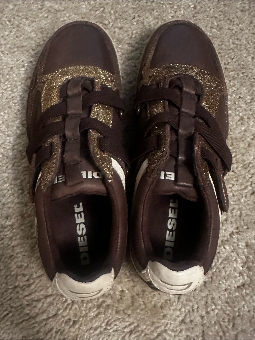 Diesel Motion Women’s Gold Sparkle Brown Leather Size 8 38.5 Shoes Sneakers - Picture 4 of 8